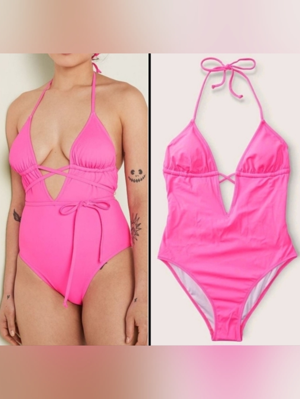 S M L XL PINK Swim Triangle Wrap One Piece Swimsuit Hot Pink